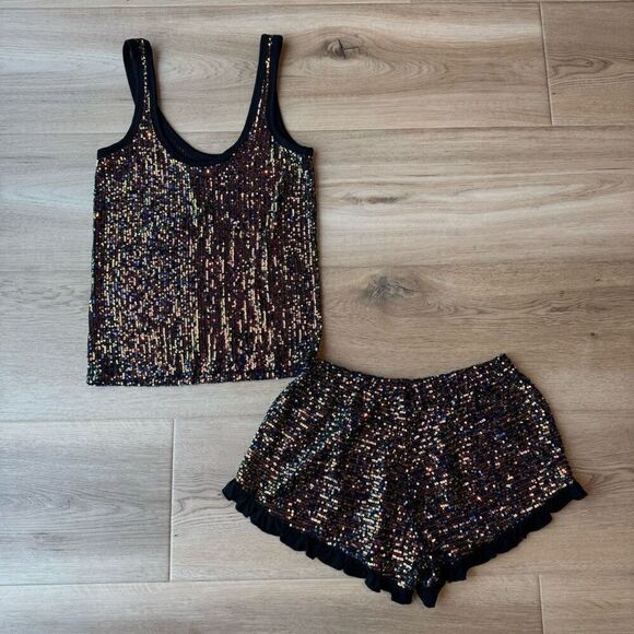 NEW POL Matching Black Sparkly Sequin Set Size Small Shorts Tank Top - Picture 6 of 6